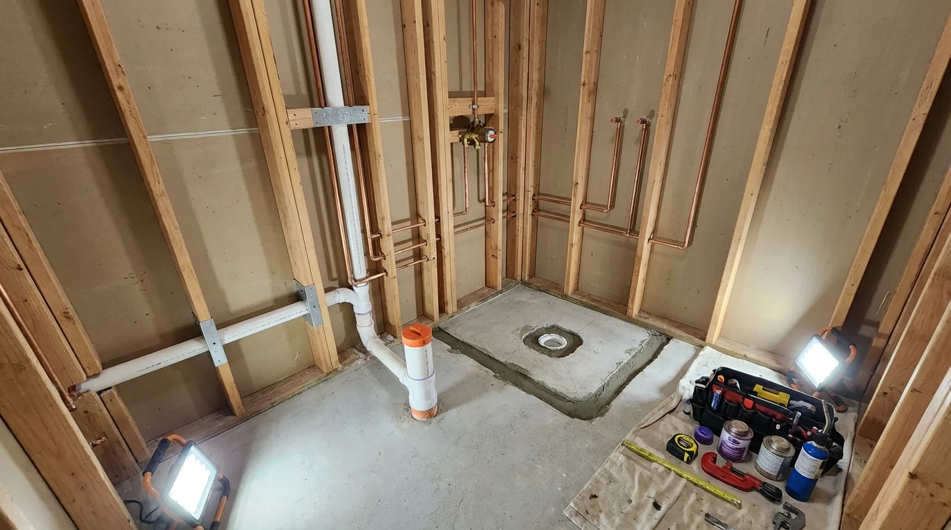 Bathroom rough-in plumbing during remodel by Johns Plumbing LLC in Ranchos de Taos