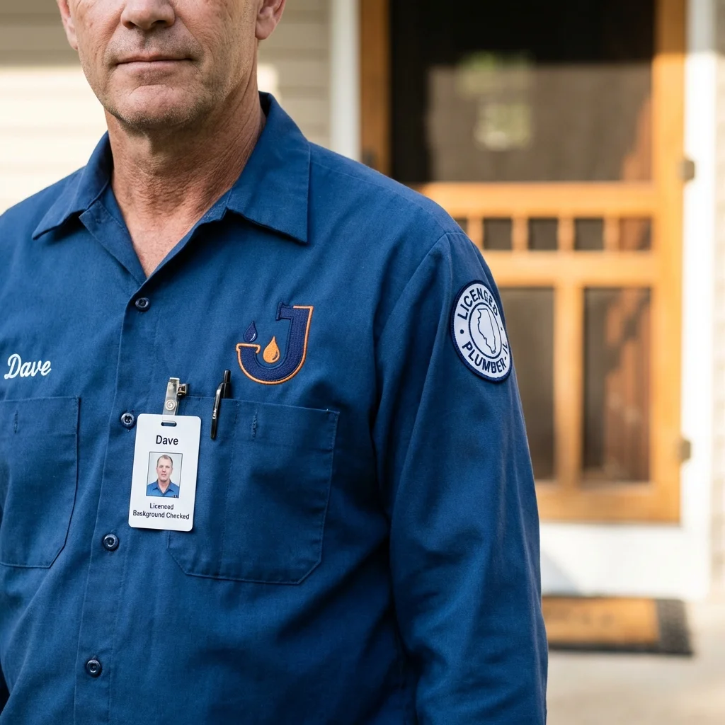 Licensed plumber showing ID badge in Ranchos de Taos, NM