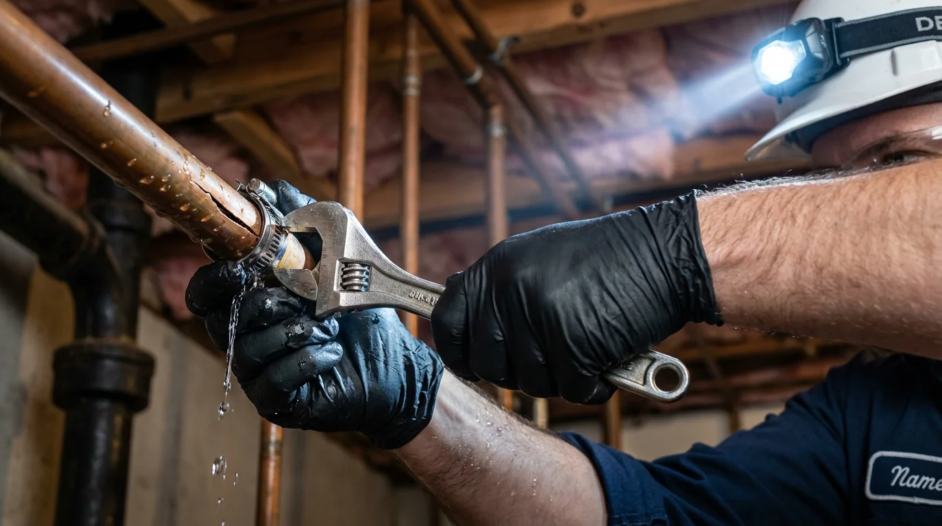Emergency pipe clamp repair being performed by a Johns Plumbing LLC plumber in Ranchos de Taos