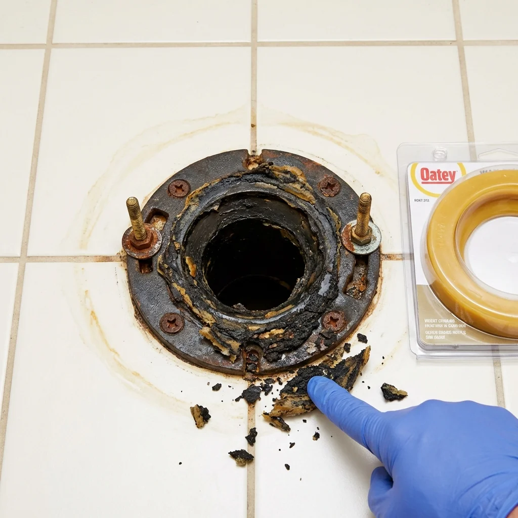 Failed wax ring showing water seepage at the base of a toilet in a Ranchos de Taos, NM home