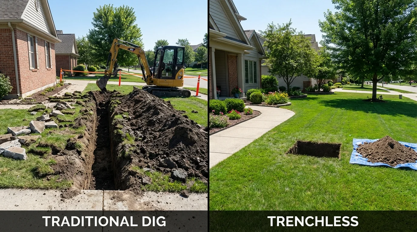 Trenchless sewer repair with minimal yard damage versus traditional excavation in Ranchos de Taos, NM