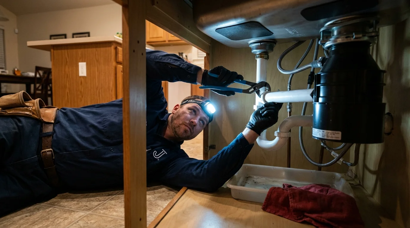P-trap and supply line connections under a kitchen sink showing a common leak point in Ranchos de Taos, NM